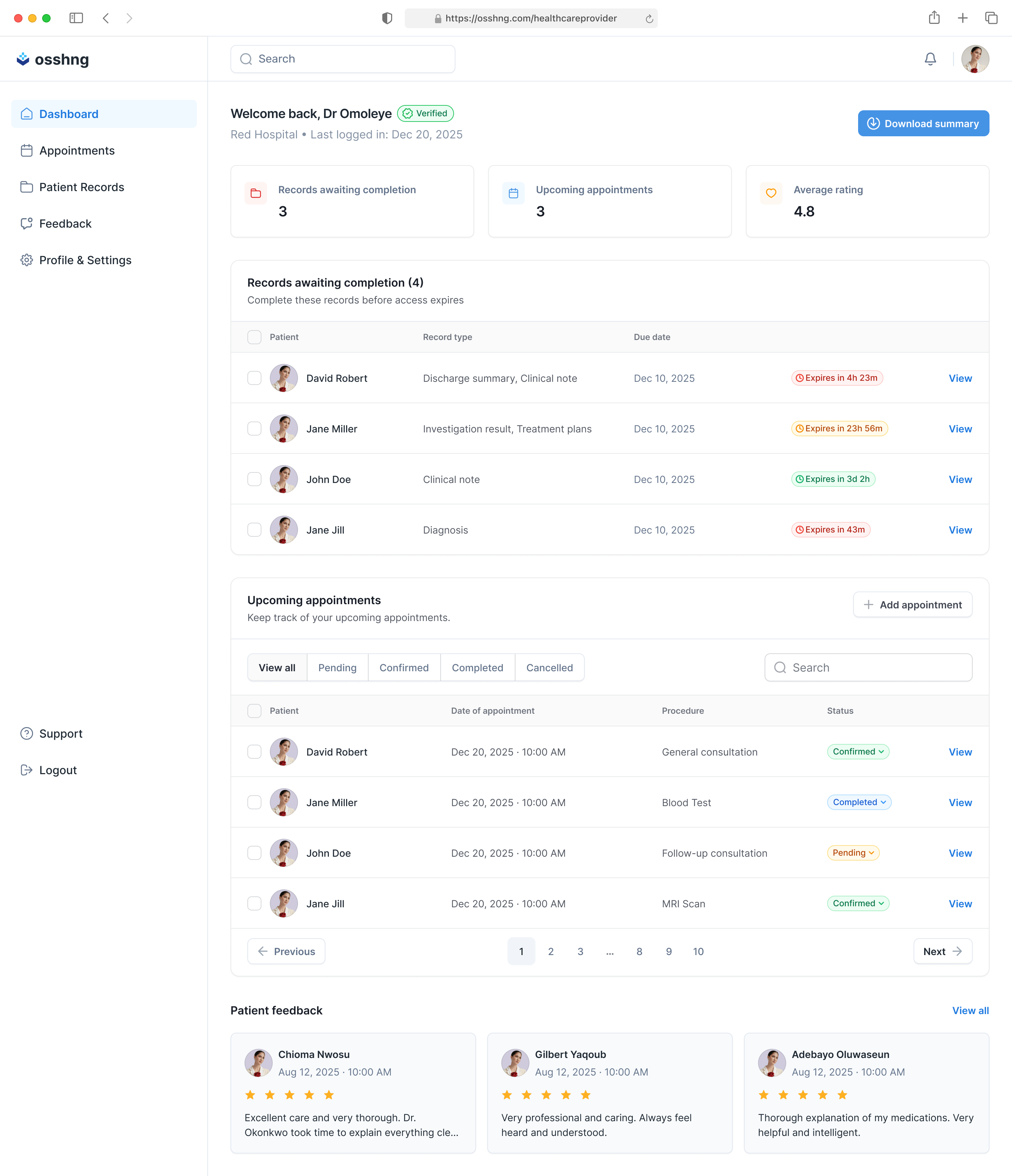 Provider dashboard preview